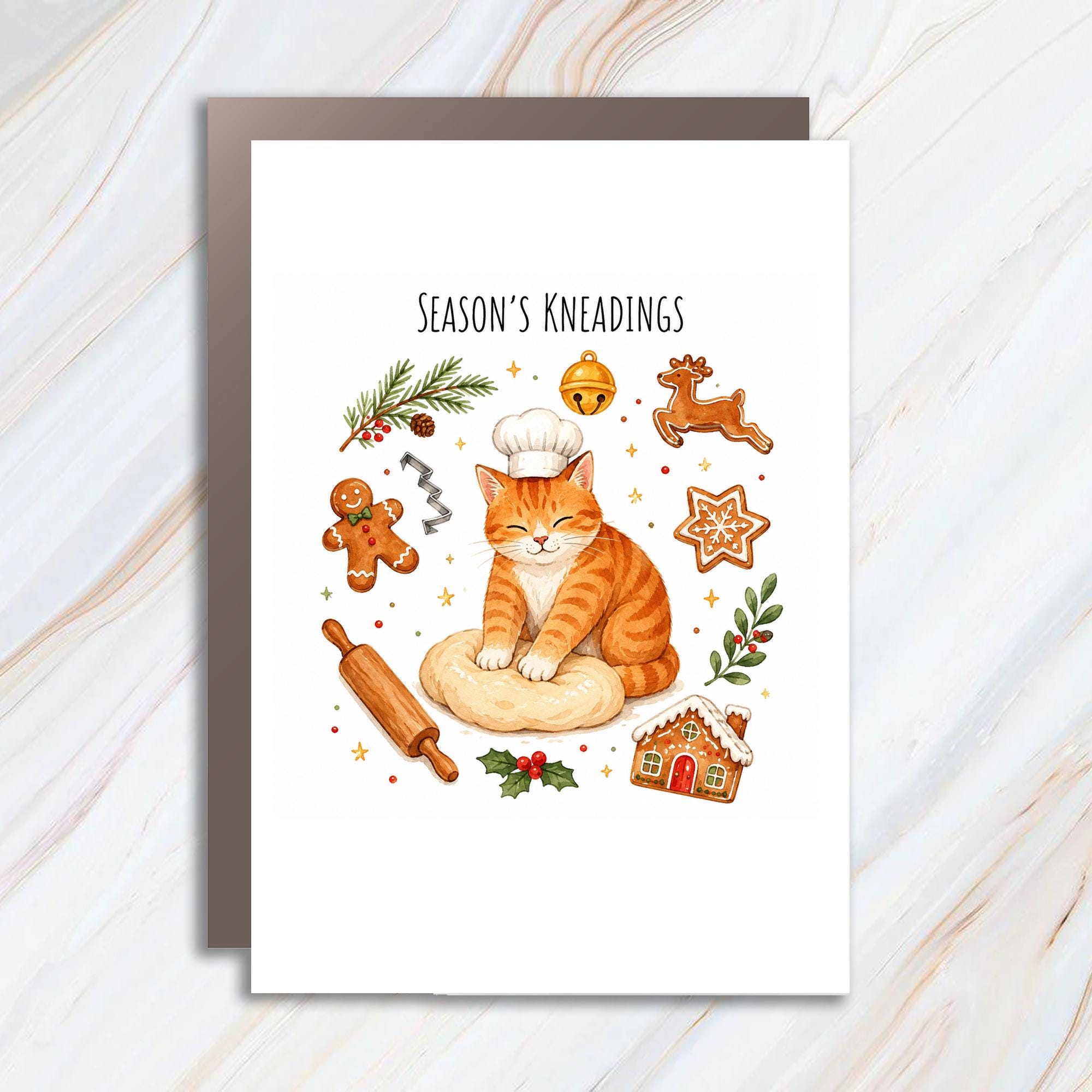 Season's Kneadings Christmas Card Cute Cat Baking Holiday Greeting Card For Cat Lover Funny Festive Card With Gingerbread C1169
