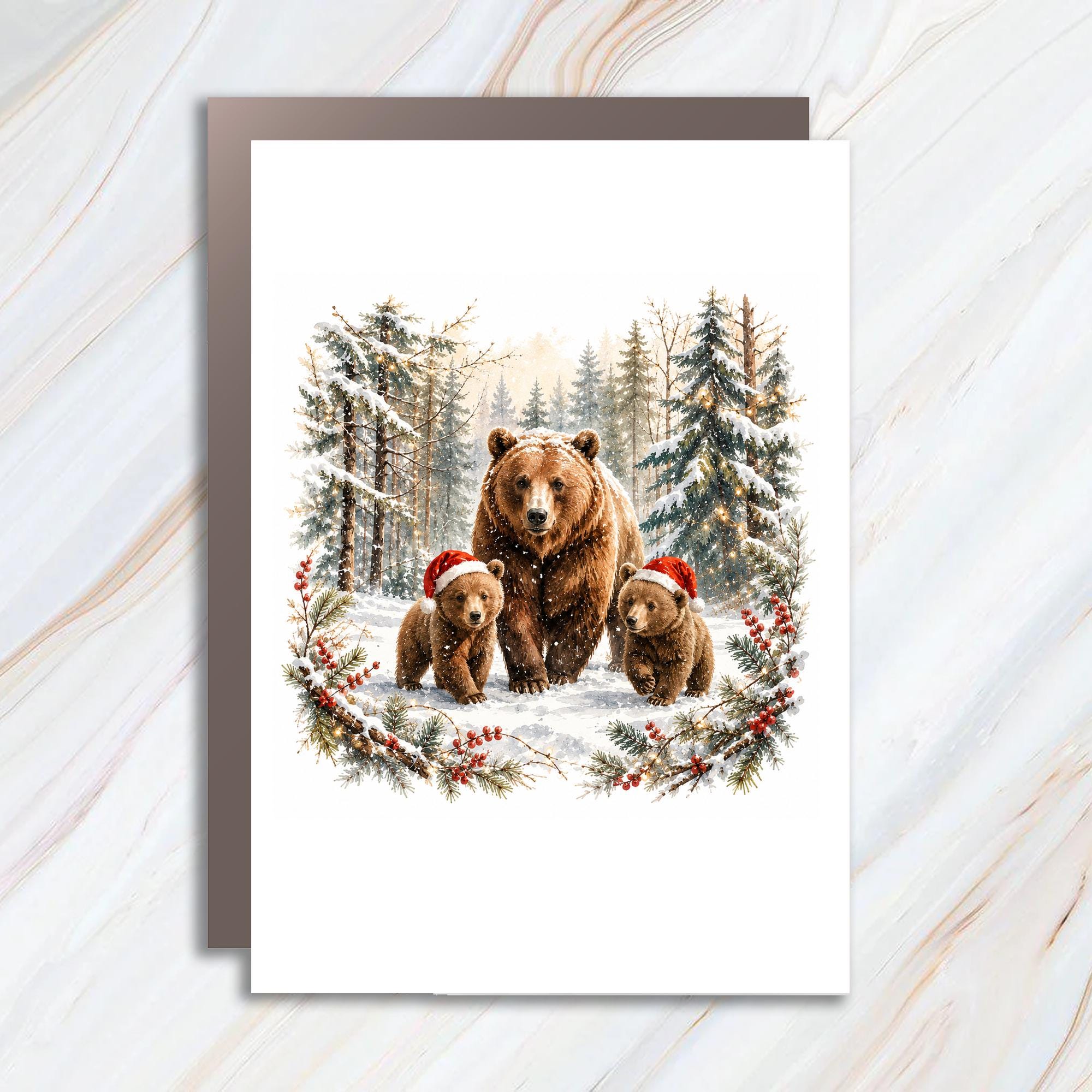 Bear Family Christmas Card Cute Winter Forest Scene Holiday Greeting Card For Animal Lovers Festive Santa Hat C1172