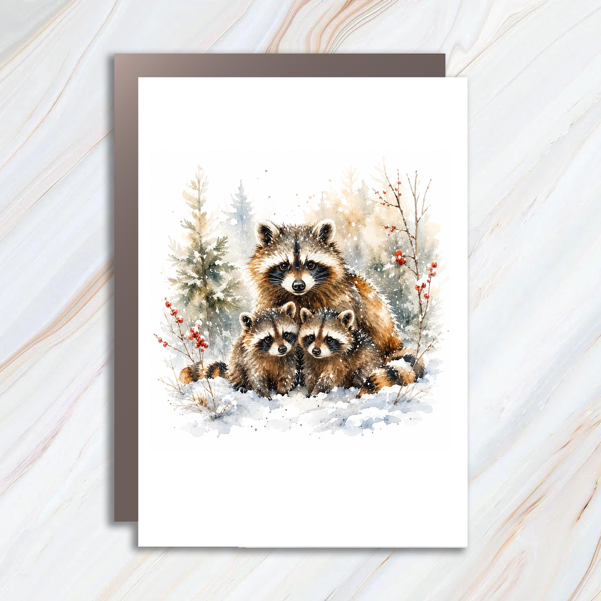 Raccoon Family Winter Card Cute Animal Greeting Card Blank Note Card For Nature Lover Woodland Wildlife Art C1173