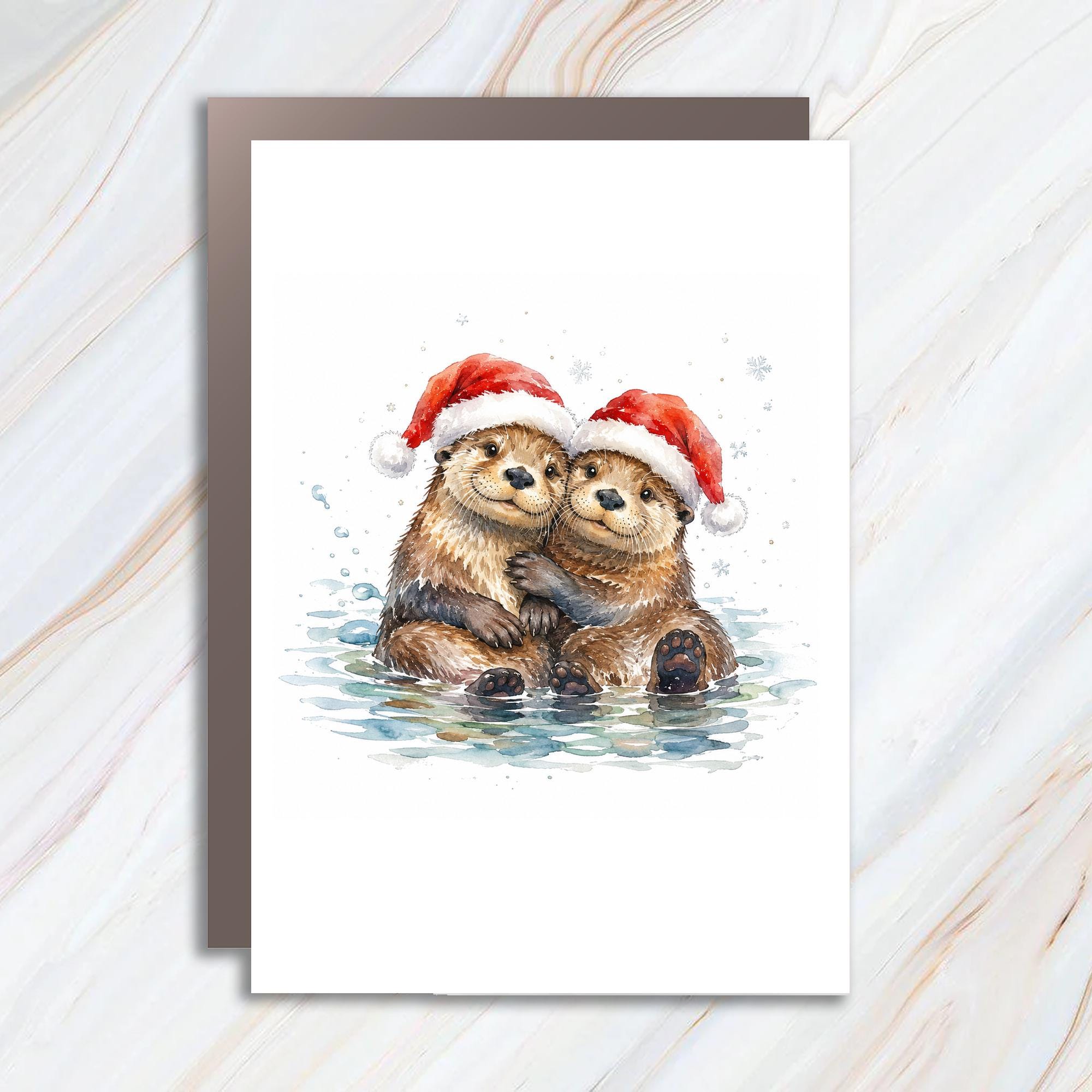 Otters In Santa Hats Christmas Card Cute Animal Holiday Greeting Card For Animal Lover Watercolor Winter Card C1178