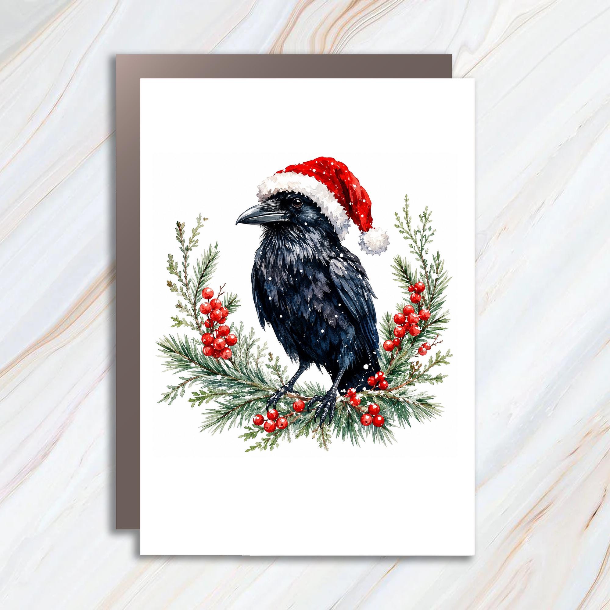 Raven Christmas Card Santa Hat Winter Holiday Greeting Card For Bird Lover Festive Nature Art Blank Note Card C1179