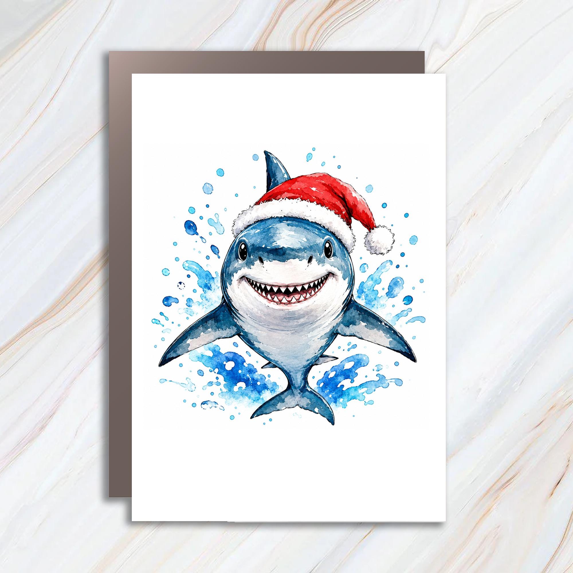 Shark Christmas Card Cute Santa Hat Watercolor Holiday Greeting Card For Kids Ocean Lover Fun Festive Card C1180
