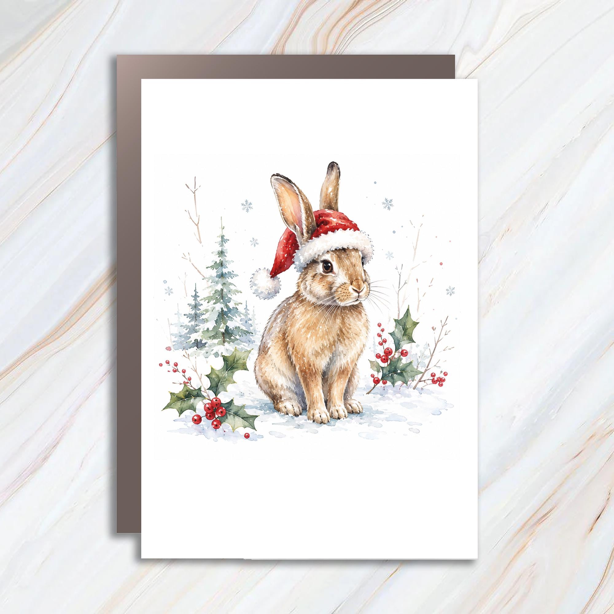 Bunny In Santa Hat Christmas Card Cute Holiday Greeting Card For Animal Lover Winter Scene With Holly And Snow C1181