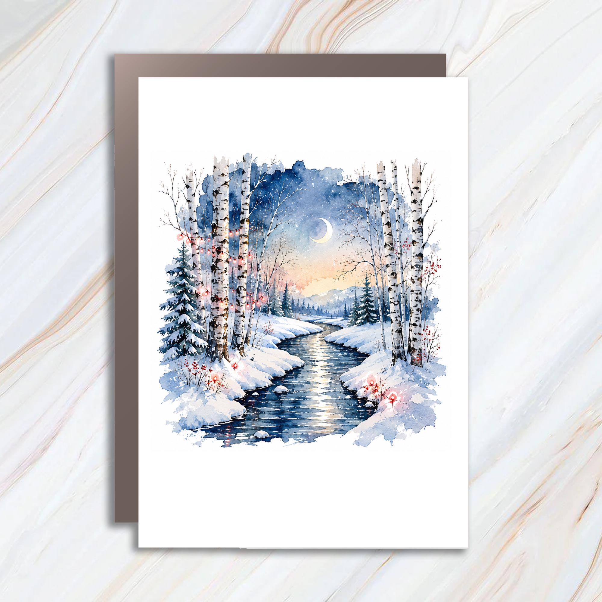 Winter Landscape Greeting Card Birch Trees Crescent Moon Blank Card Nature Scene For Any Occasion Watercolor Art Card C1182