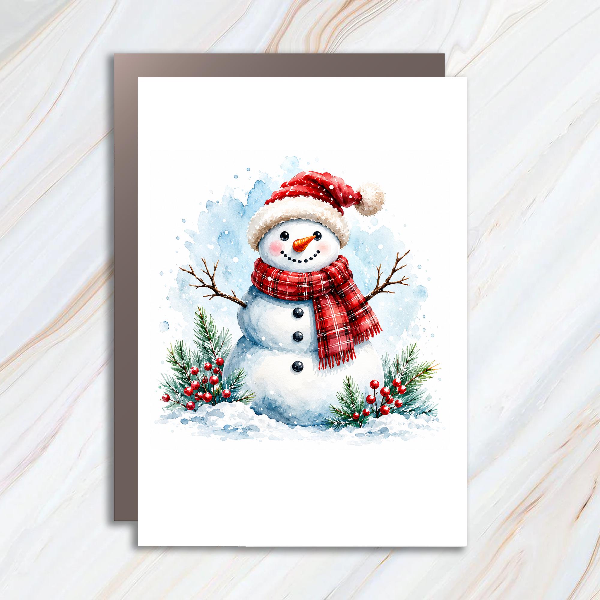 Watercolor Snowman Christmas Card Cute Winter Holiday Greeting Card For Kids Family Festive Snowy Scene C1183