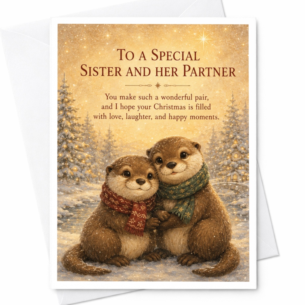 To A Special Sister And Her Partner Christmas Card Cute Otters Winter Scene Holiday Greeting Card For Family Festive Love C5389