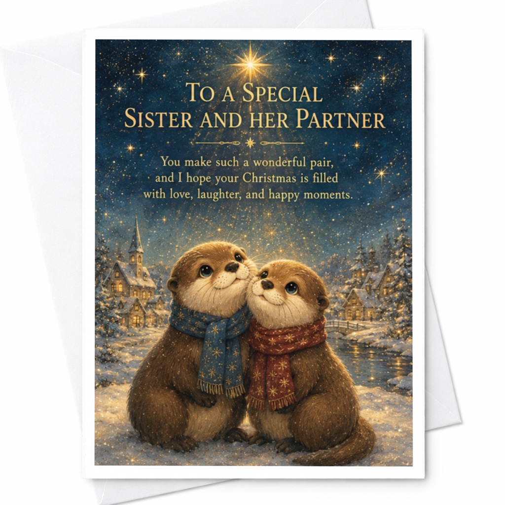 To A Special Sister And Her Partner Christmas Card Cute Otters Holiday Greeting Card Festive Love For Sister And Partner C5390