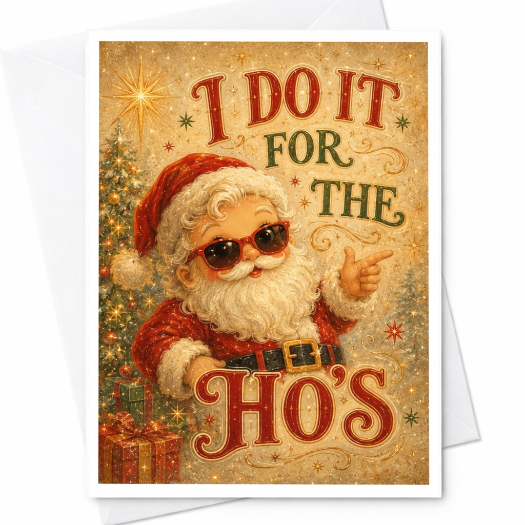 I Do It For The Ho's Funny Christmas Card Santa With Sunglasses Holiday Greeting Card For Friends Rude Xmas Card C5391