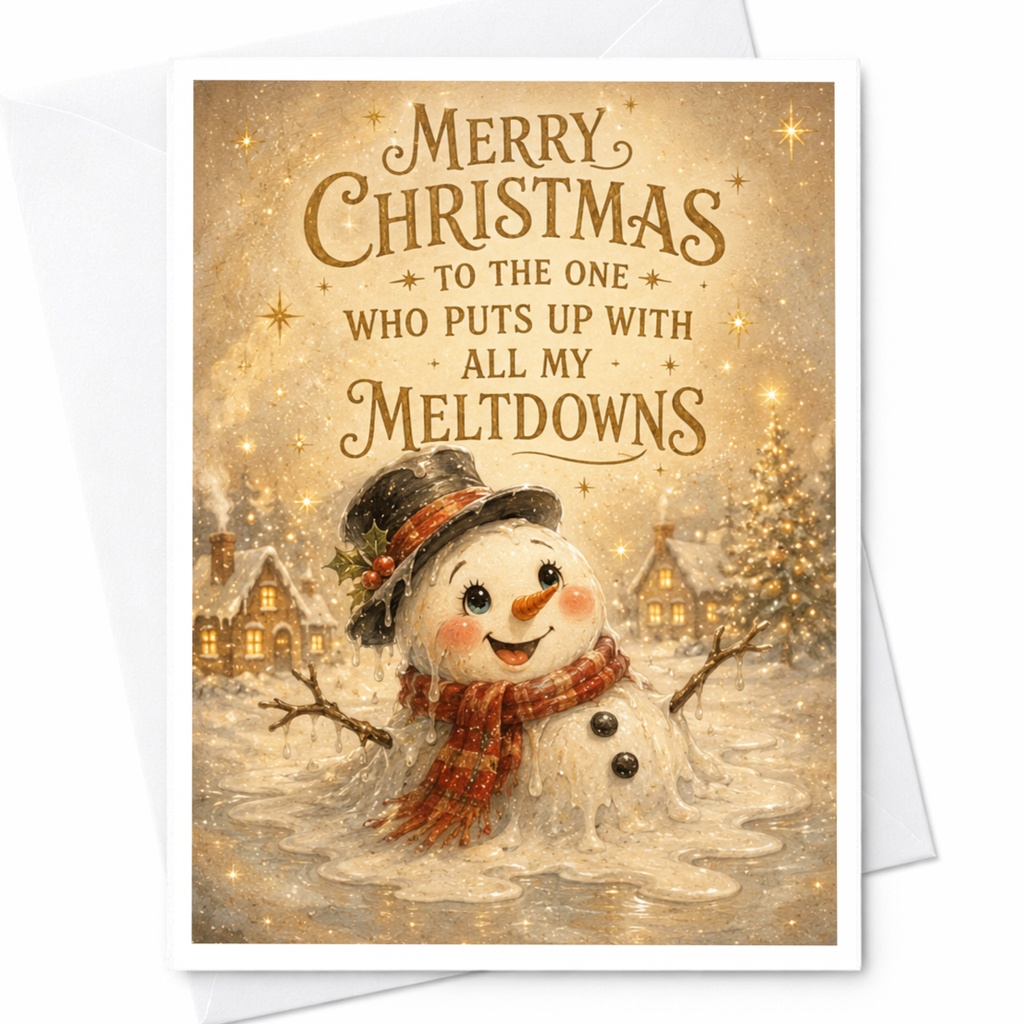 Merry Christmas To The One Who Puts Up With All My Meltdowns Funny Christmas Card For Husband Boyfriend Cute Snowman Holiday Card C5393
