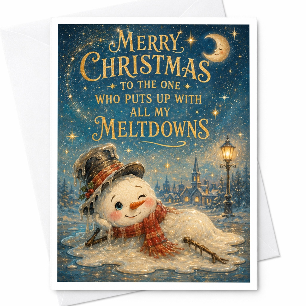 Merry Christmas To The One Who Puts Up With All My Meltdowns Funny Christmas Card For Husband Boyfriend Cute Snowman Holiday Card C5394