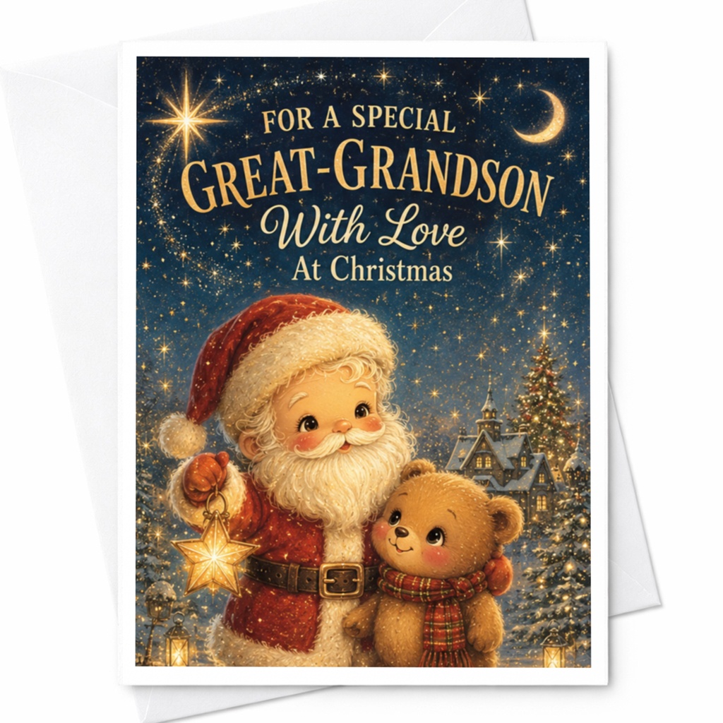 For A Special Great-Grandson With Love At Christmas Santa Teddy Bear Christmas Card From Grandparents Cute Holiday Card C5396