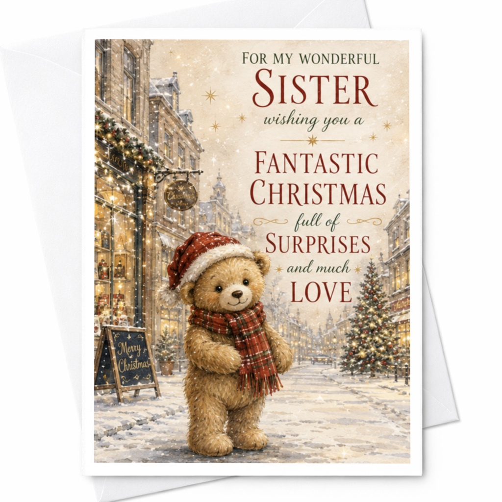 For My Wonderful Sister Christmas Card Cute Teddy Bear Winter Scene Holiday Greeting Card For Sister Festive Xmas Wishes C5397