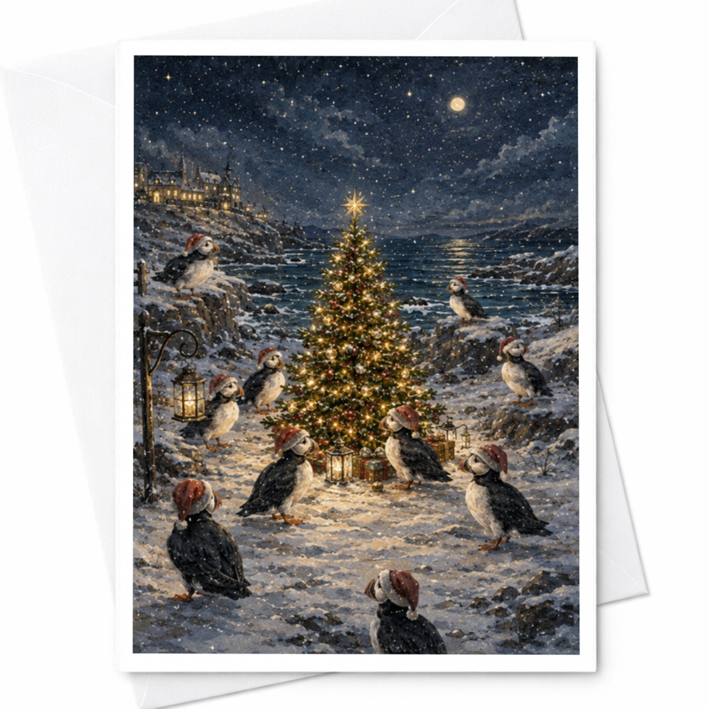 Puffins Christmas Card Whimsical Winter Scene Santa Hats Holiday Greeting Card Cute Animal Art Teal Night Sky Snowflakes C5403