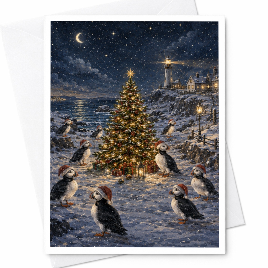 Puffins In Santa Hats Christmas Card Whimsical Winter Scene Teal Night Sky Snowflakes Holiday Greeting Card For Bird Lovers C5404