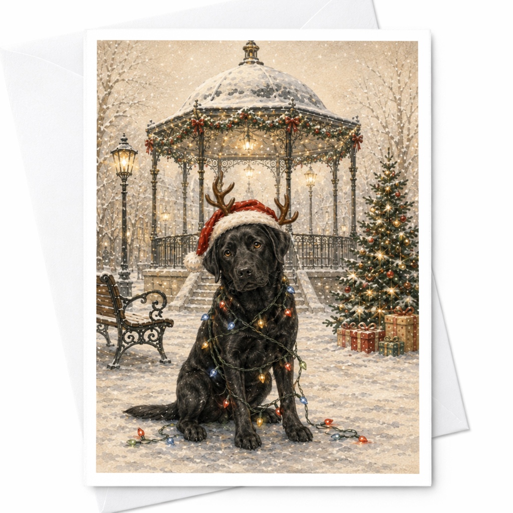 Dog With Santa Hat Christmas Card Cute Holiday Greeting Card For Dog Lovers Festive Winter Scene With Lights And Gifts C5406