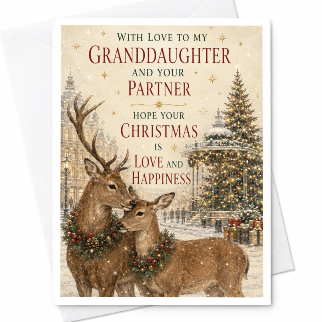 With Love To My Granddaughter And Your Partner Christmas Card Holiday Greeting Love Happiness Deer Scene C5412