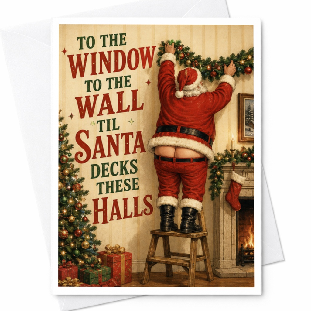 To The Window To The Wall 'til Santa Decks These Halls Funny Christmas Card Santa Holiday Greeting Card For Friends C5421