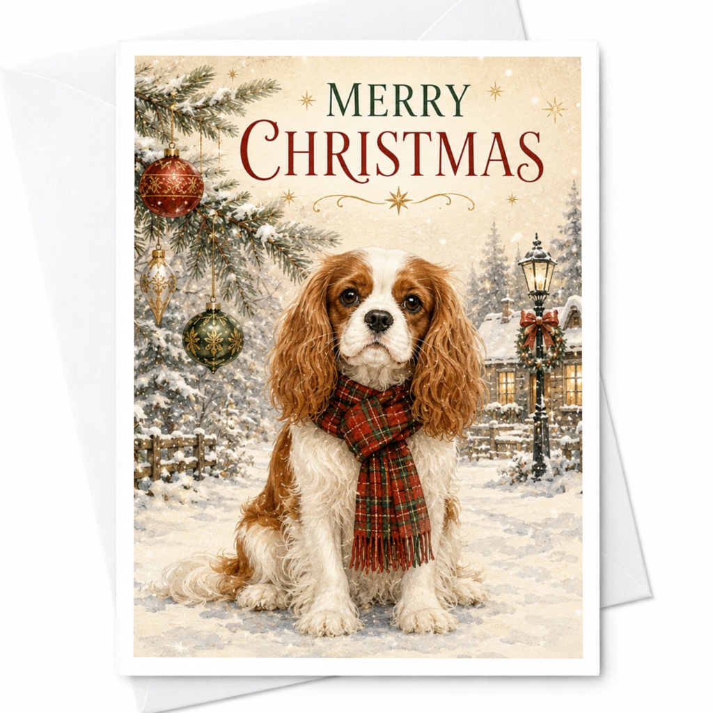 Merry Christmas Dog Christmas Card Cute Cavalier King Charles Spaniel Holiday Greeting Card For Dog Lovers Festive Winter Scene C5429