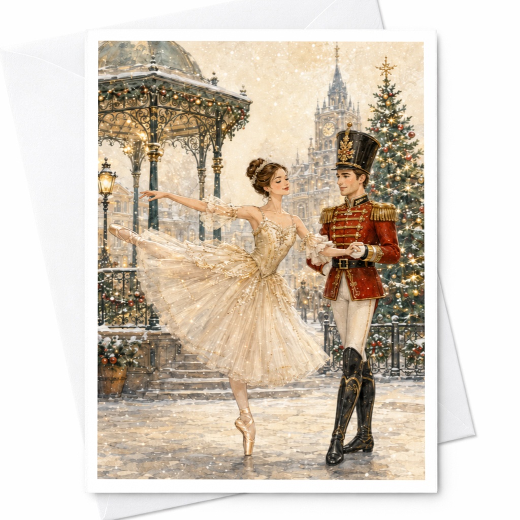 Christmas Soldier And Ballerina Dancing Card Holiday Greeting Card Elegant Christmas Card For Family And Friends Ballet Theme C5437