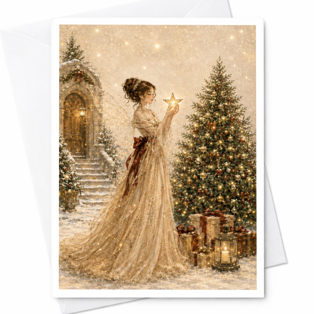 Fairy Christmas Card Elegant Holiday Greeting Card Winter Scene With Tree Star Lantern For Her Magical Festive Season C5441
