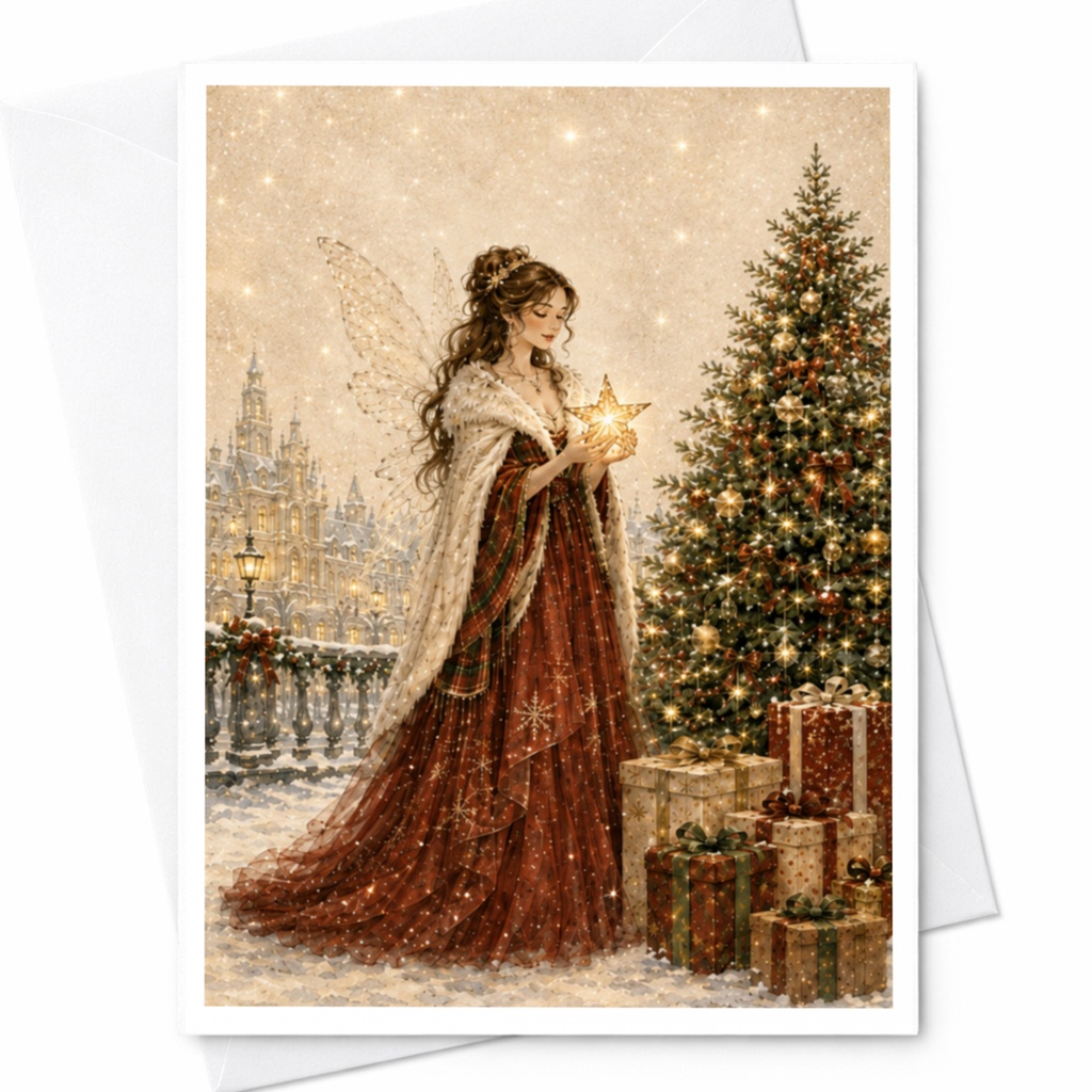 Fairy Christmas Card Elegant Holiday Greeting Card Winter Scene With Tree Gifts For Her Magical Festive Card C5442