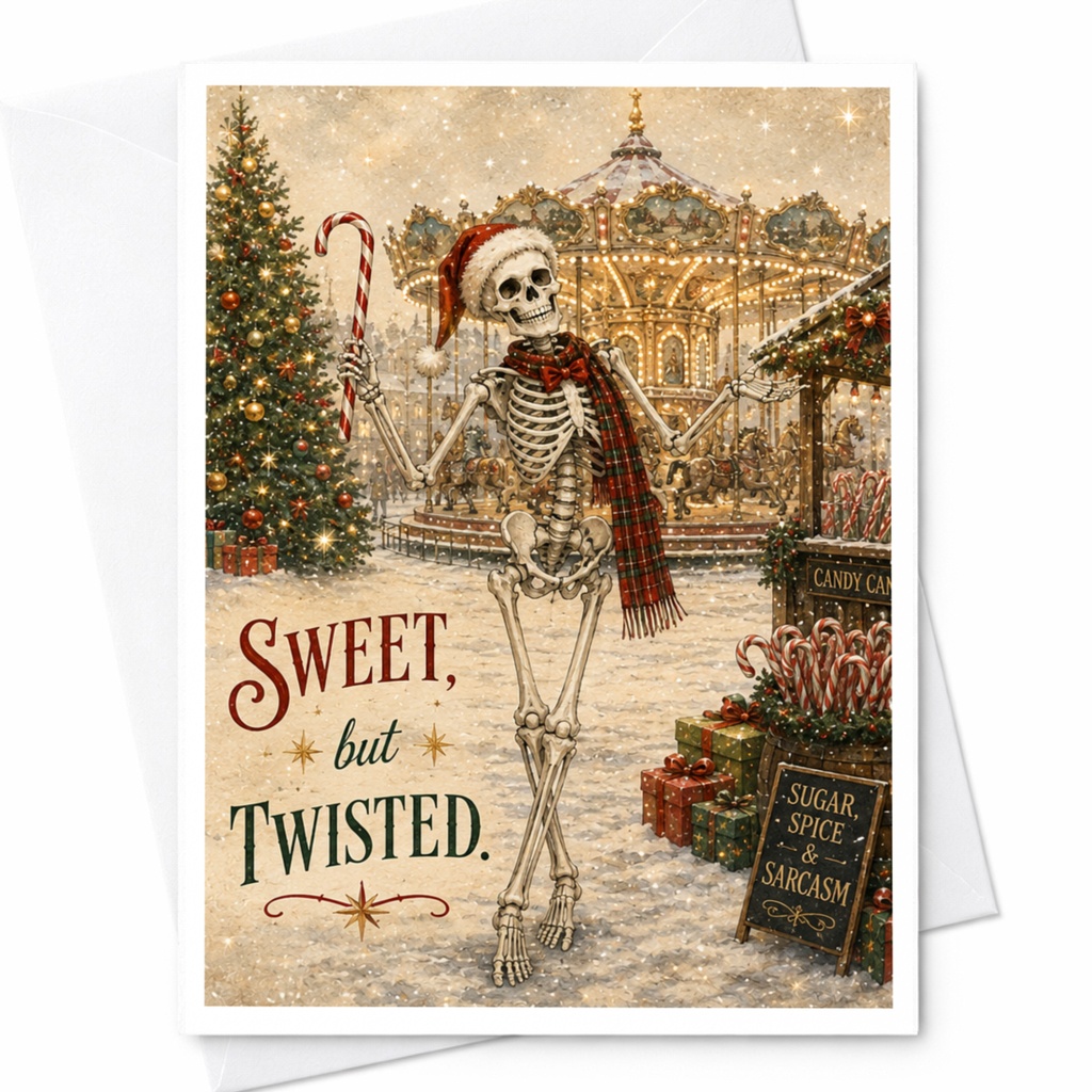 Sweet, But Twisted. Funny Skeleton Christmas Card Spooky Holiday Greeting Card Santa Hat Candy Cane Xmas Card C5452