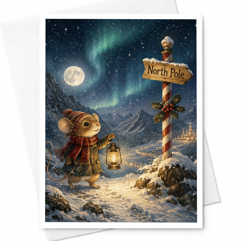North Pole Christmas Card Cute Mouse Lantern Winter Scene Holiday Greeting Card For Friends Family Festive Snowy Night C5457