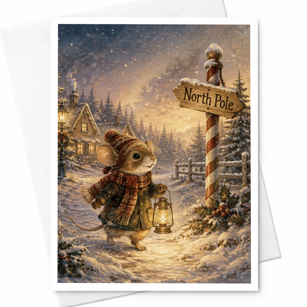 North Pole Christmas Card Cute Mouse Winter Scene Holiday Greeting Card For Friends Family Festive Snowy Landscape C5458