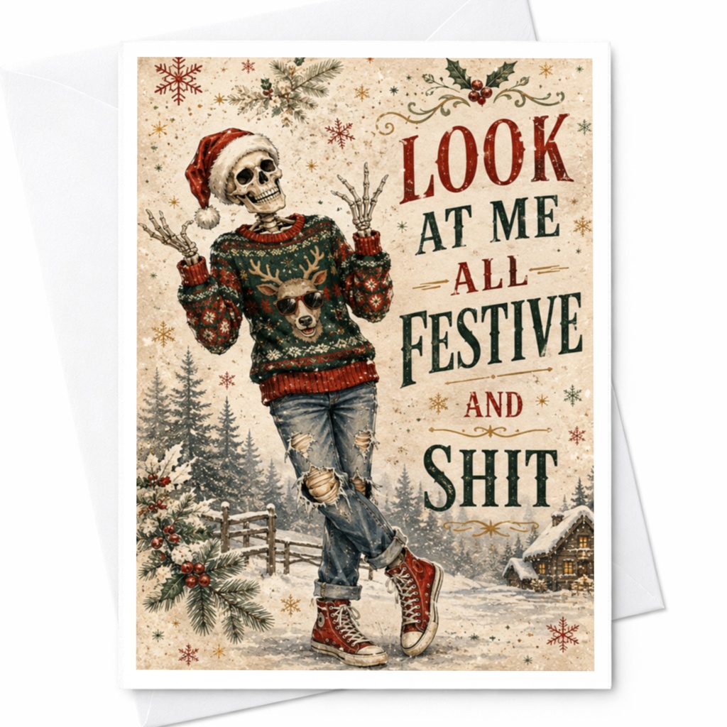 Look At Me All Festive And Shit Funny Skeleton Christmas Card Snarky Holiday Greeting Card Xmas Card For Friends C5459