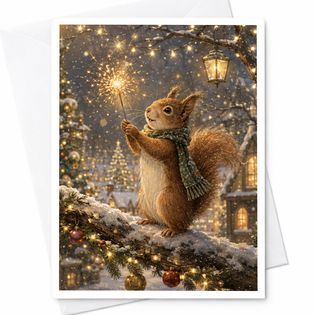 Squirrel With Sparkler Christmas Greeting Card Winter Scene Holiday Card Cute Animal Card For Nature Lover Festive Card C5467