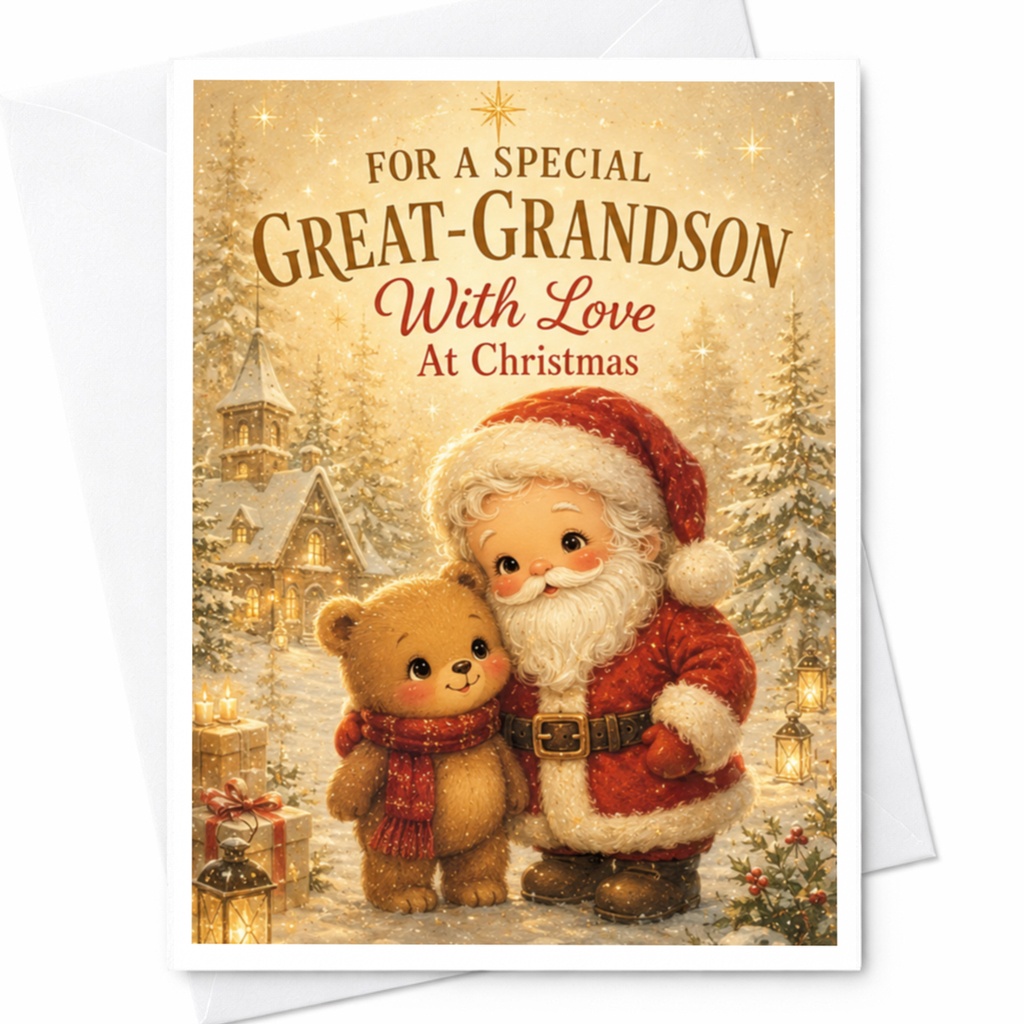 For A Special Great-Grandson With Love At Christmas Card Santa Teddy Bear Holiday Greeting Card From Grandparents C5395