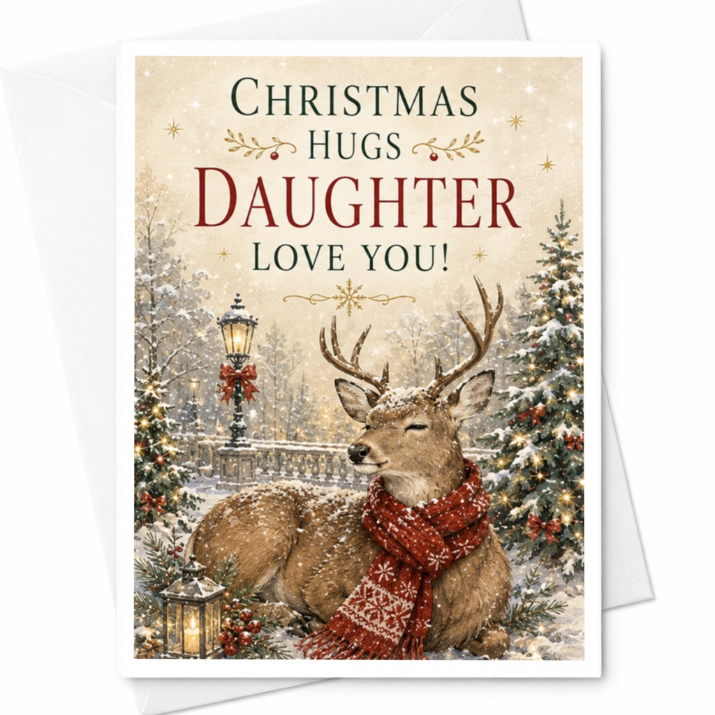 Christmas Hugs Daughter Love You! Christmas Card For Daughter Festive Holiday Greeting Card Winter Scene With Deer C5473