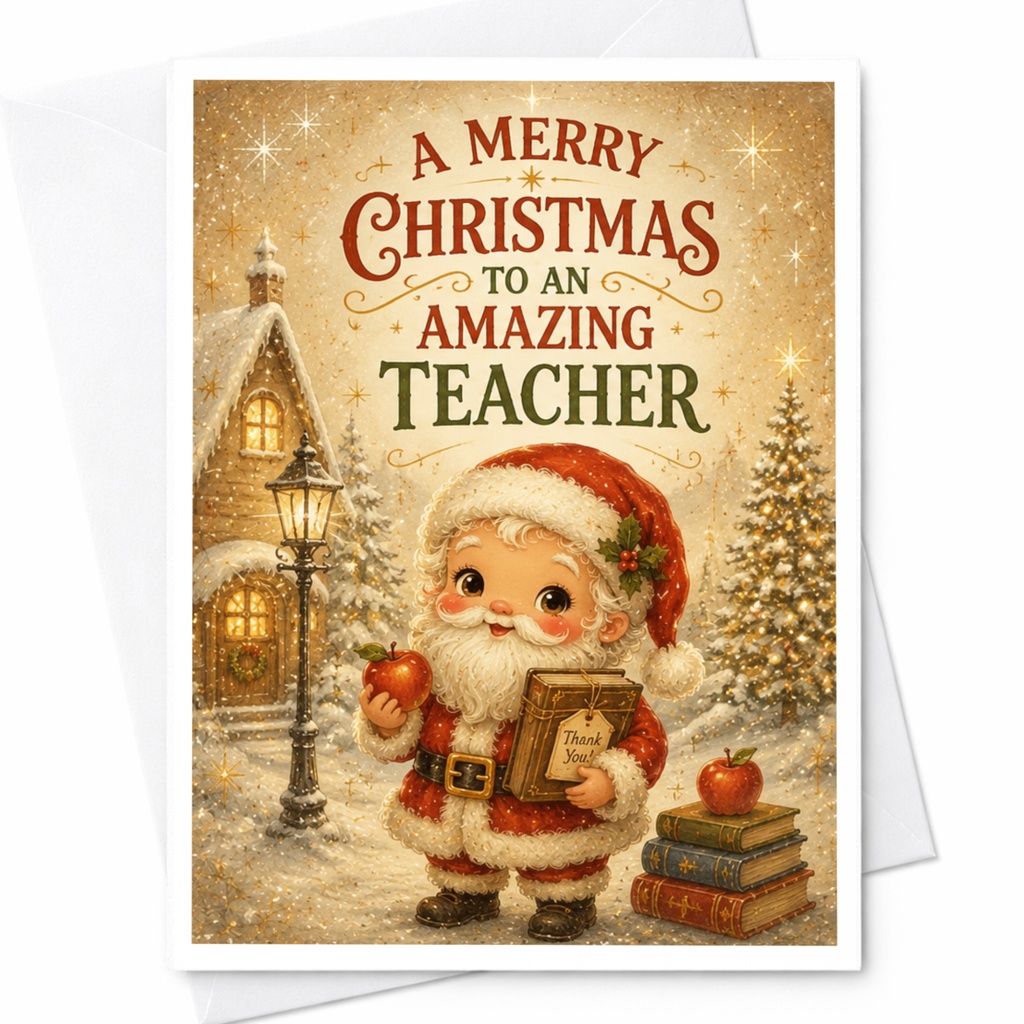 A Merry Christmas To An Amazing Teacher Christmas Card Cute Santa Holiday Greeting Card For Teacher Appreciation C5399