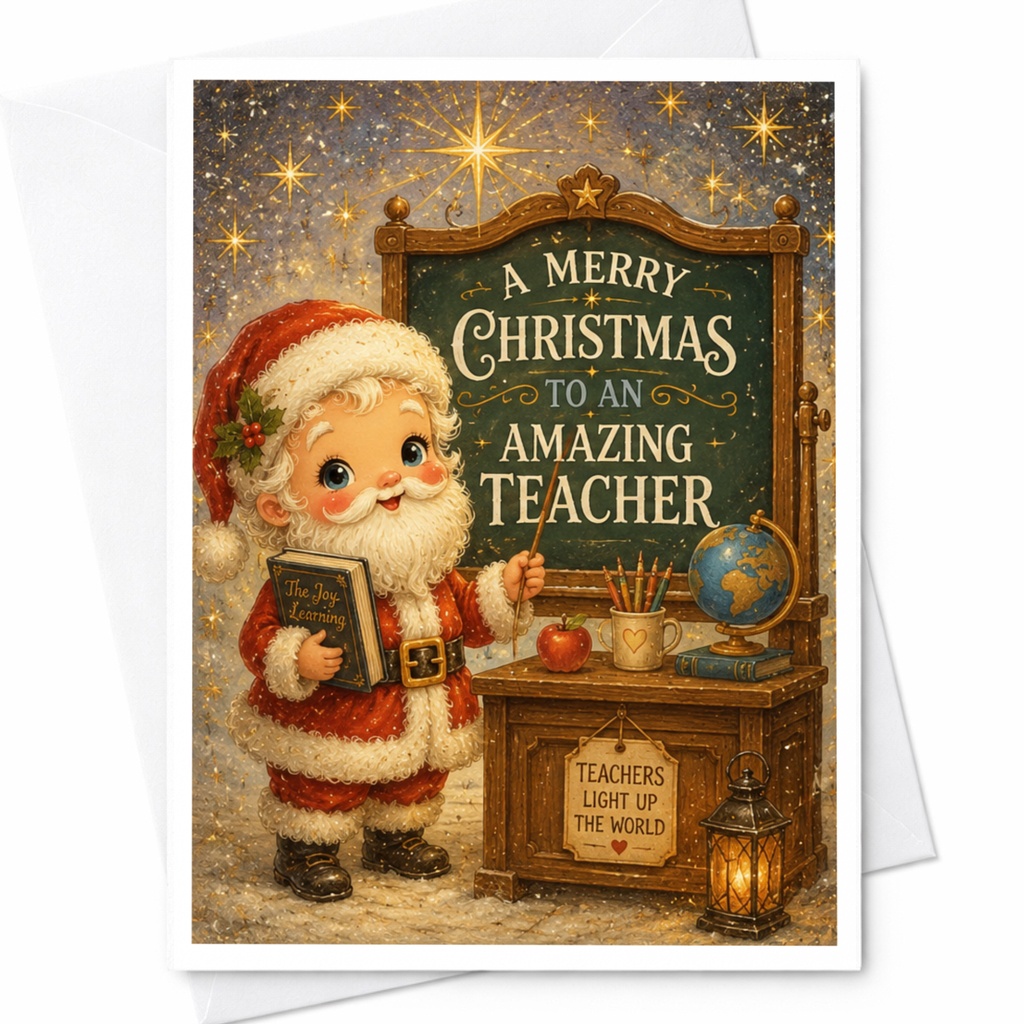 A Merry Christmas To An Amazing Teacher Christmas Card Cute Santa Holiday Greeting Card For Teacher Appreciation C5400