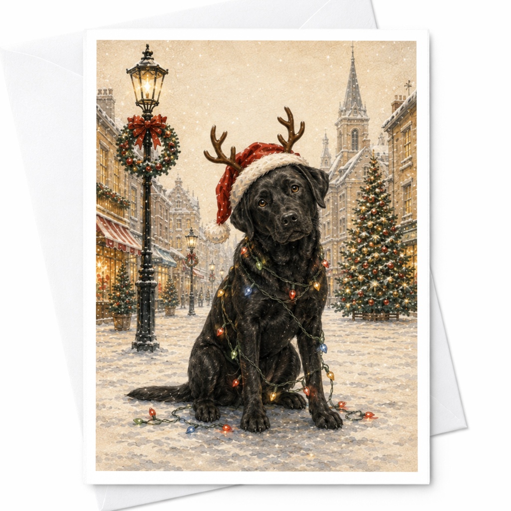 Dog With Santa Hat And Antlers Christmas Card Cute Holiday Greeting Card For Dog Lovers Festive Winter Scene C5405