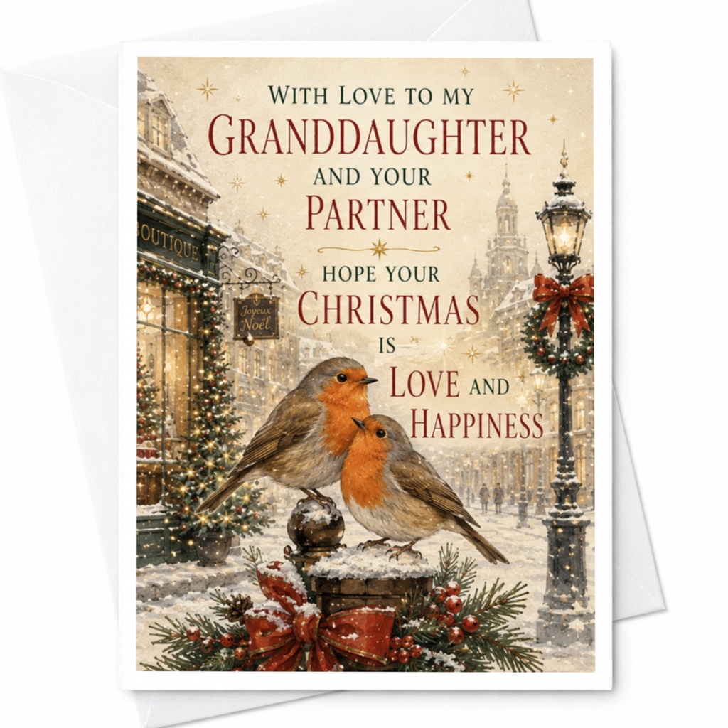 With Love To My Granddaughter And Your Partner Christmas Card Festive Holiday Greeting Love Happiness Winter Scene C5411