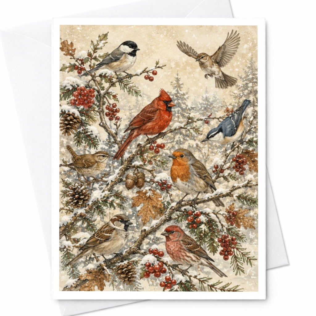 Winter Birds Christmas Card Festive Holiday Greeting Card Nature Lovers Snowy Branches Wildlife Art For Her For Him C5413