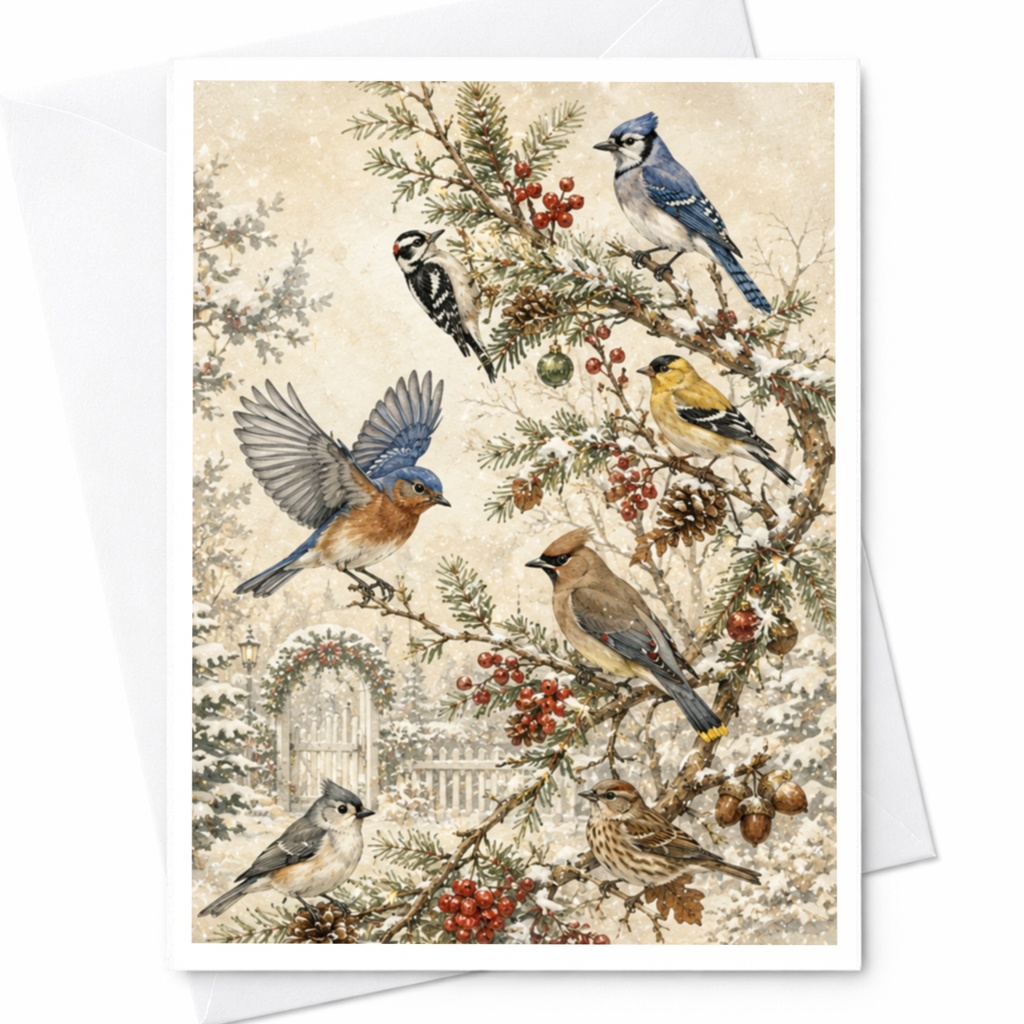 Winter Birds Christmas Card Festive Holiday Greeting Card Nature Lover Snowy Scene For Birdwatcher Seasonal Wildlife Art C5414