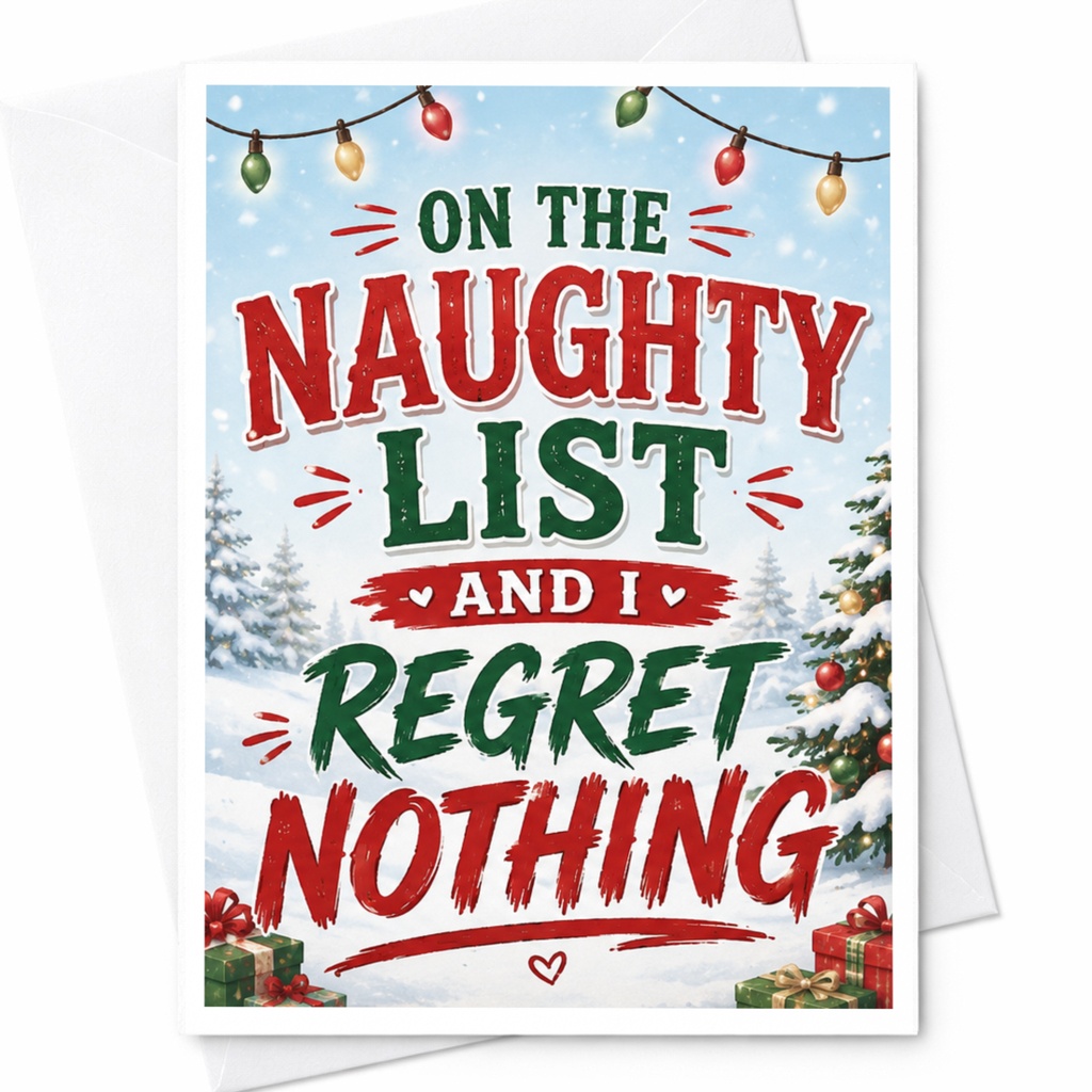 On The Naughty List And I Regret Nothing Funny Christmas Card Holiday Greeting Card For Friends Family Festive C5483
