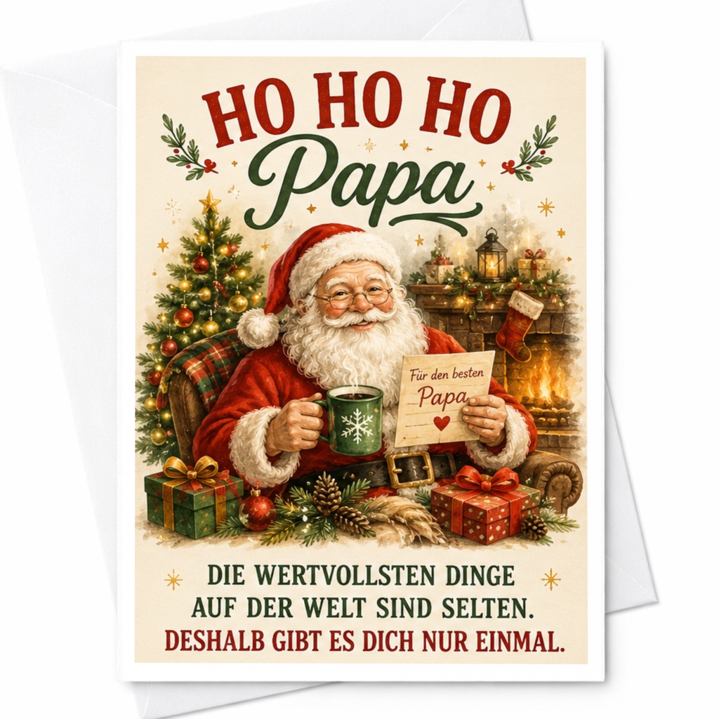 Ho Ho Ho Papa Christmas Card Santa Claus Holiday Greeting For Dad Festive Xmas Card From Kids Cozy Fireplace C5484