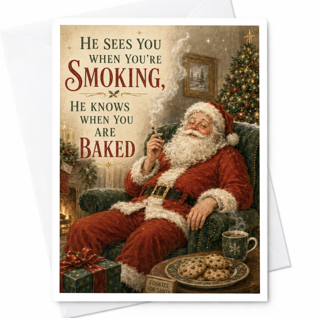 He Sees You When You're Smoking, He Knows When You Are Baked Funny Christmas Card Santa Claus Holiday Greeting Card C5419