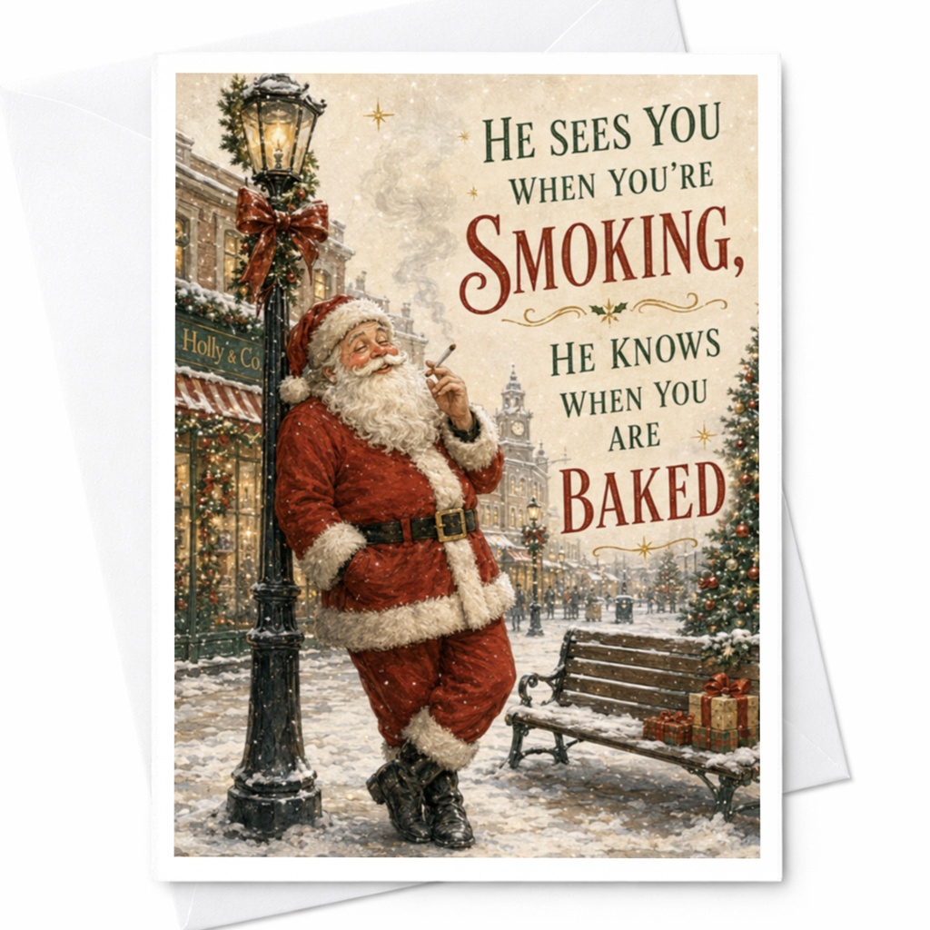 He Sees You When You're Smoking, He Knows When You Are Baked Funny Christmas Card Santa Holiday Greeting Card For Friends C5420