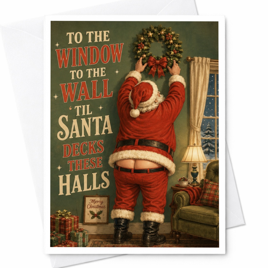 To The Window To The Wall 'til Santa Decks These Halls Funny Christmas Card Santa Holiday Greeting Card For Friends C5422