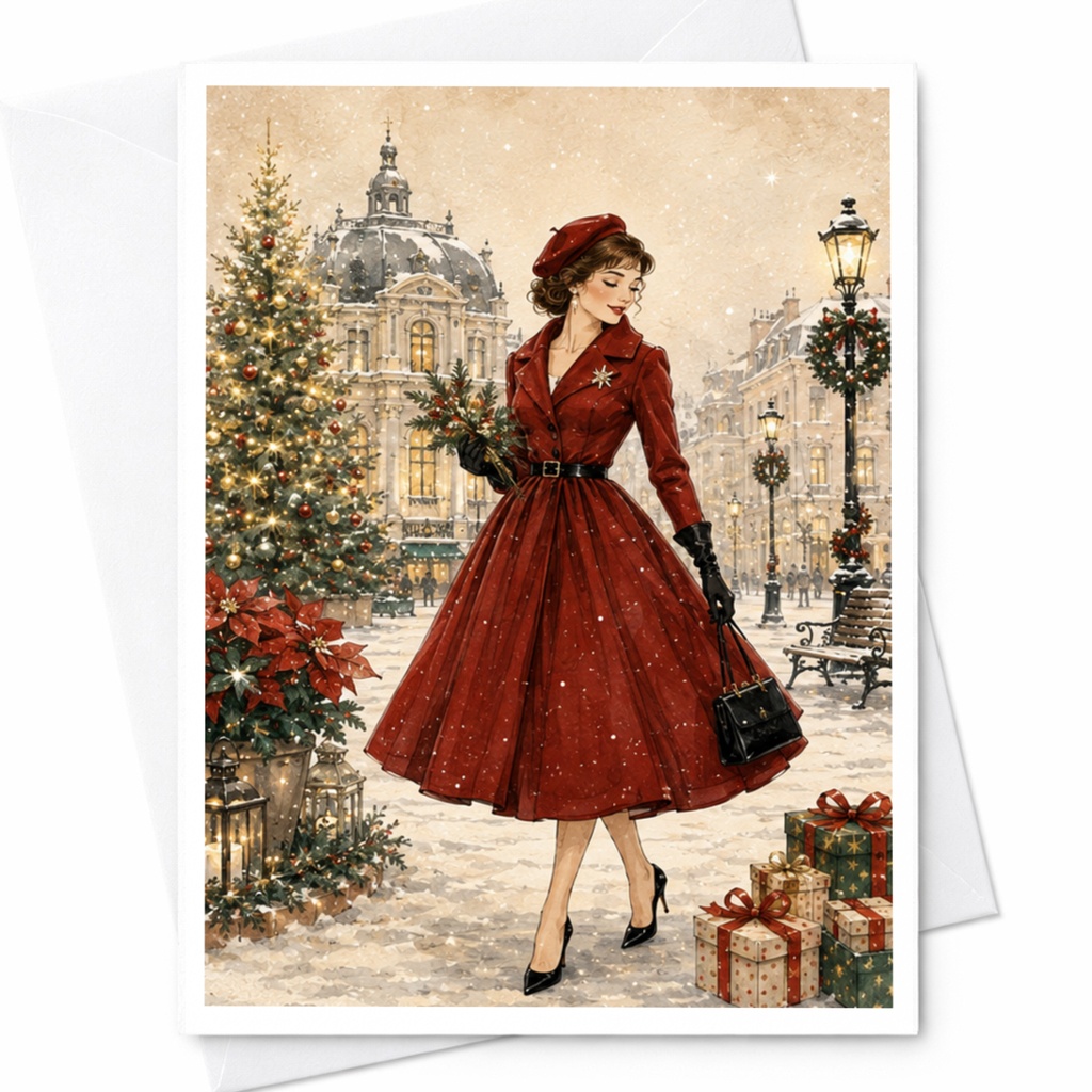 Vintage Christmas Card Elegant Woman In Red Dress Holiday Greeting Card For Her Winter Scene Retro Style Festive Card C5425