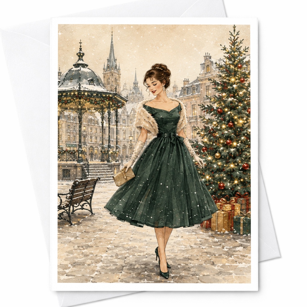 Vintage Winter Scene Christmas Card Elegant Woman Holiday Greeting Card For Her Festive Season Greeting Card C5426