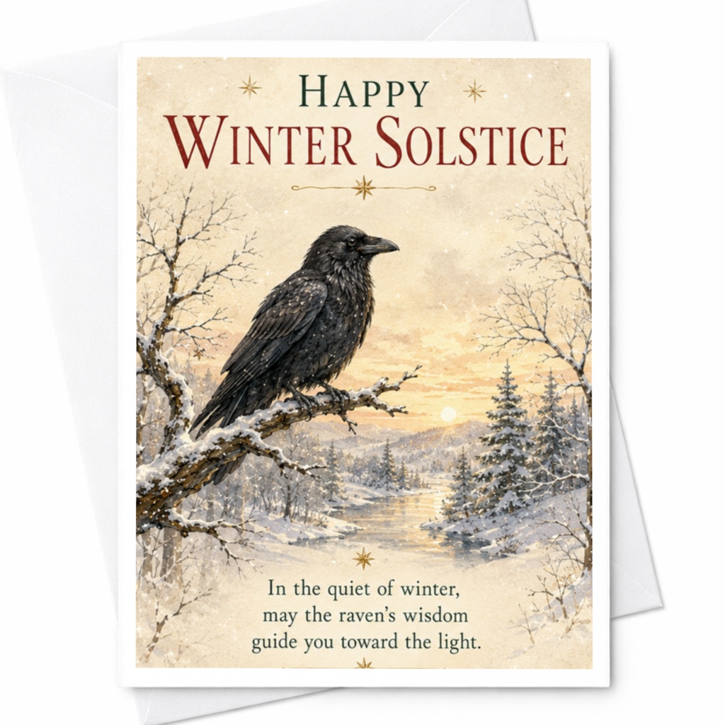 Happy Winter Solstice Card Raven In Winter Landscape Seasonal Greeting Card Nature Lover Winter Wishes C5427