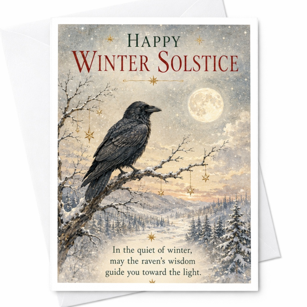 Happy Winter Solstice Card Raven In Winter Landscape Seasonal Greeting Card Nature Lover Winter Wishes C5428