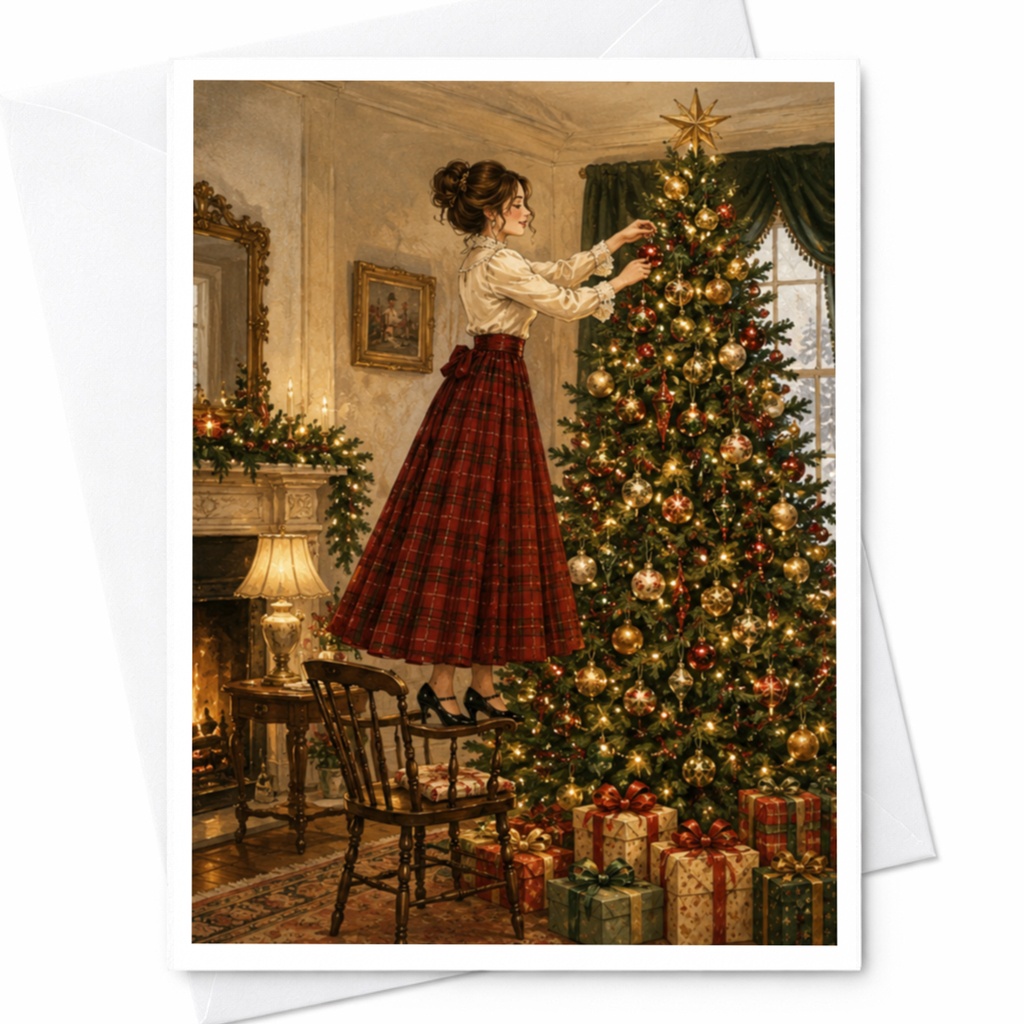 Vintage Christmas Greeting Card Festive Holiday Scene With Woman Decorating Tree Classic Style For Family Friends C5433