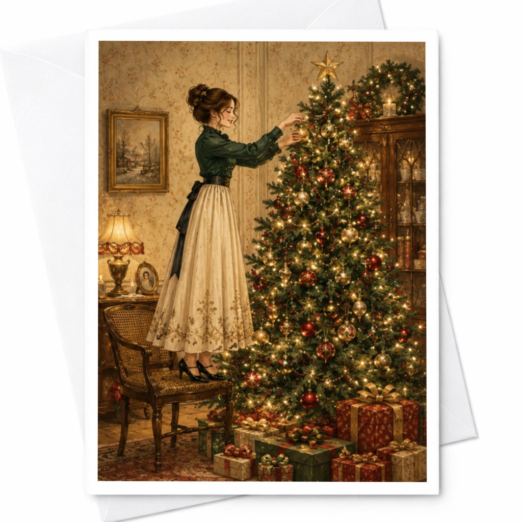 Vintage Christmas Card Elegant Holiday Greeting Card Festive Scene With Woman Decorating Tree For Family Friends C5434