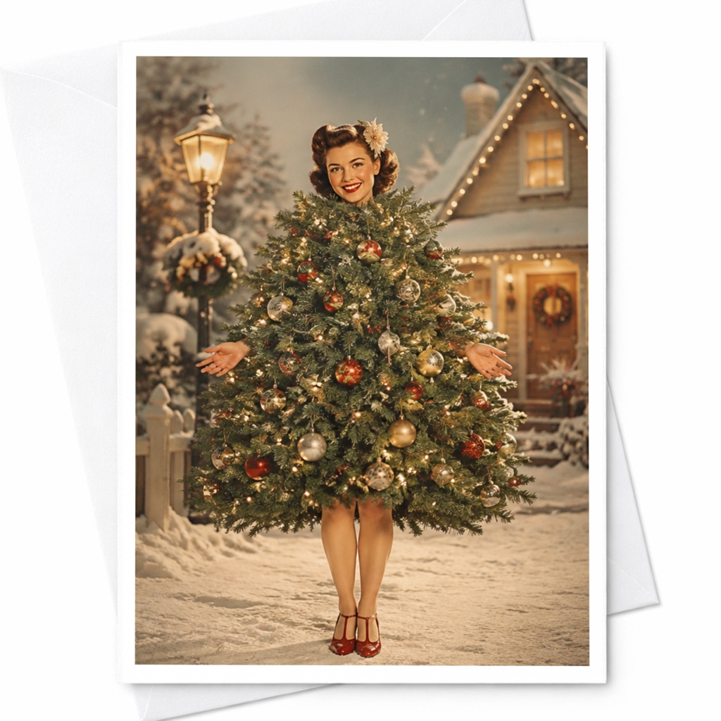 Vintage Christmas Card Woman Dressed As Christmas Tree Holiday Greeting Card For Families Fantasy Lovers Retro Style C5439